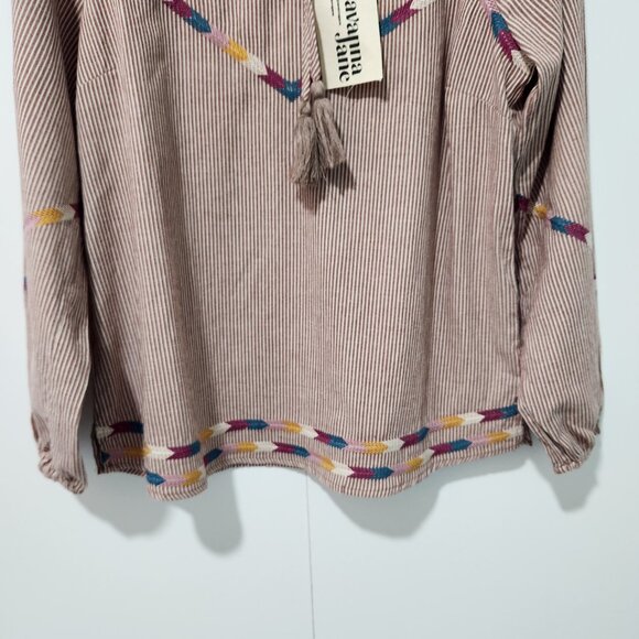 Savanna Jane NEW Long Sleeve Brown/Tan Striped Peasant Top with embroidery-Small - Picture 7 of 9